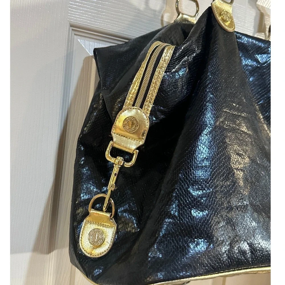 Betseyville Betsey Johnson Black Gold Snake Embossed Lightning Bolt Satchel Bag